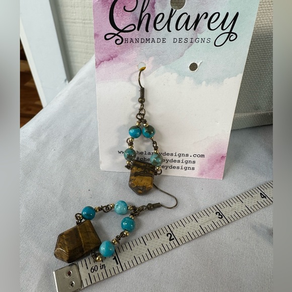 Tiger eye and blue stone drop boho earrings - Picture 4 of 4